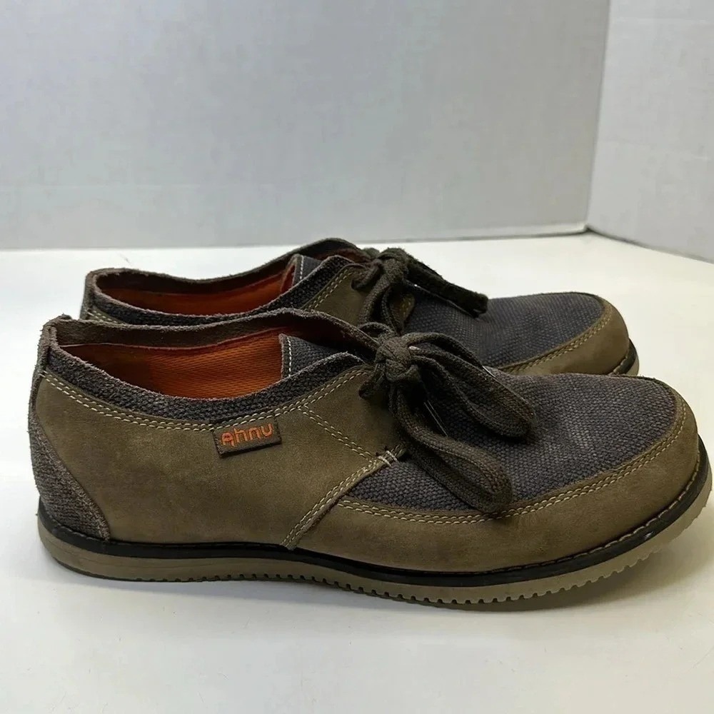 Ahnu Mens 8.5 Olive Green Leather Suede Canvas Vibram Evaflex Oxford